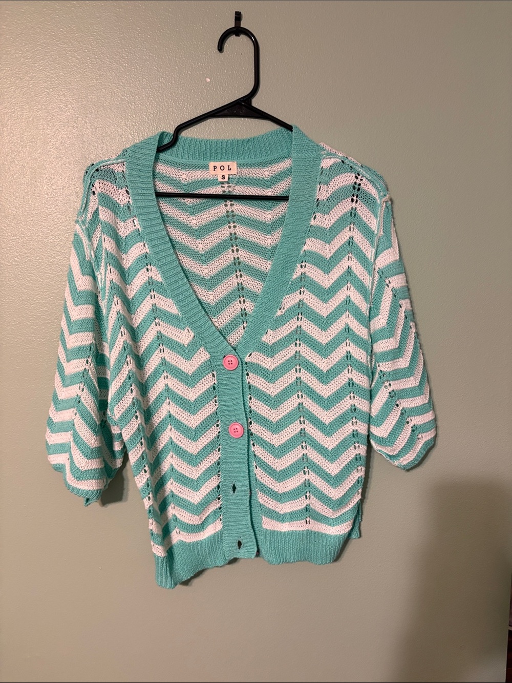 POL Chevron Cardigan in Mint and White with Pink Buttons